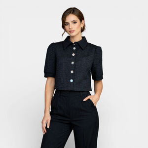 Black Puff Sleeves Collared Elegant Women Blouse Top with Faux Pearl Buttons